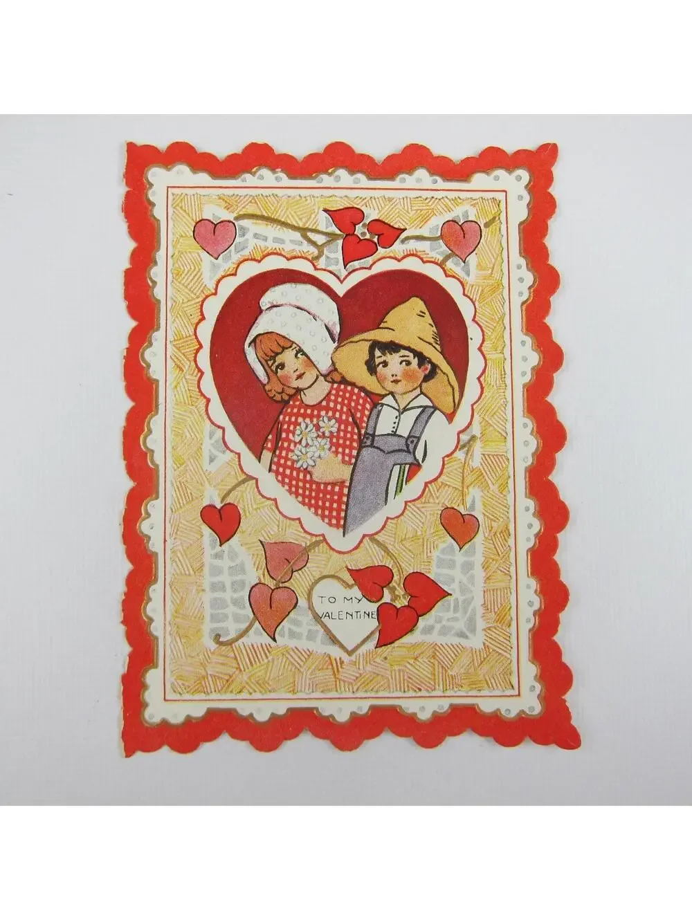 Vintage Valentine Card Die cut Bifold Boy & Redhead Girl Hats Red Heart UNSIGNED
